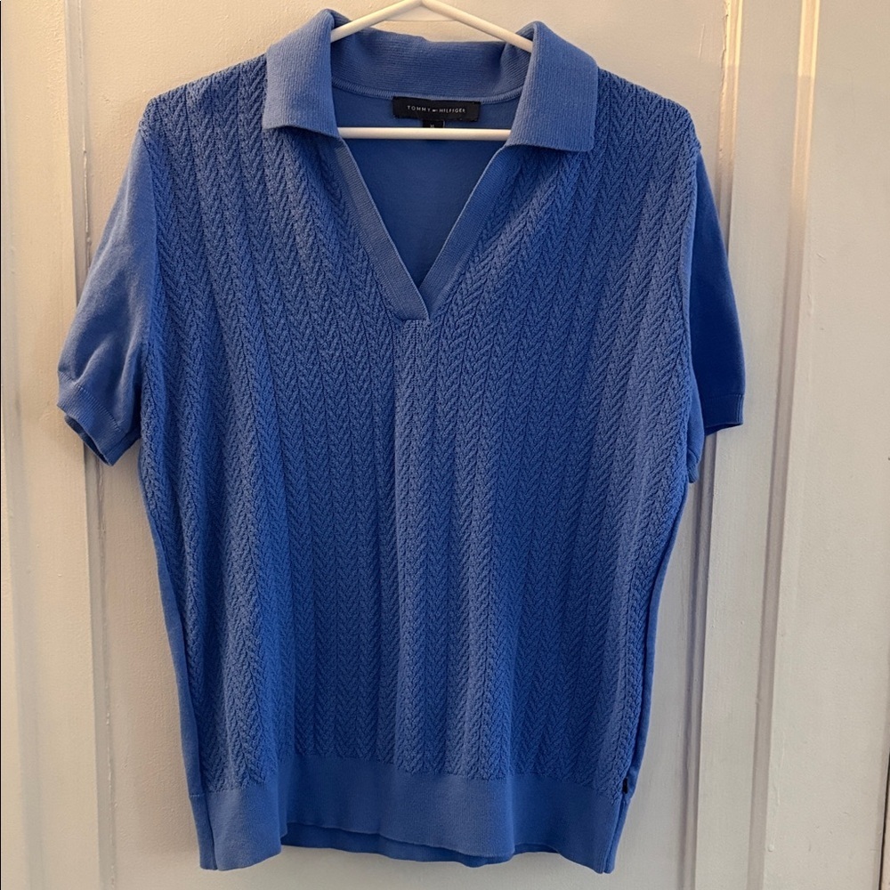 Tommy Hilfiger Royal Blue Short-Sleeve Knit Polo Sweater XL 20” P2P